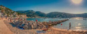 port de soller, soles, mallorca, majorca, panorama, beach, sunset, the sea, relax, nature, bathing, sand beach, stony beach, promenade, the city, city ​​beach, holiday, travel, trip, beach cityscape, hdr